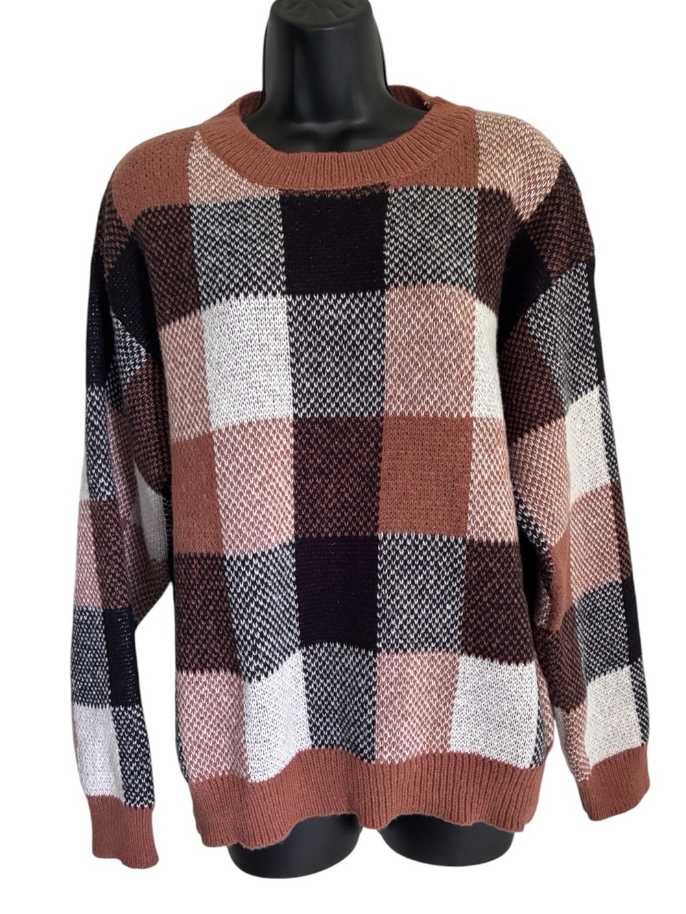 Fall Buffalo Plaid Crewneck Grandpa Cabincore Sweater Rust, Black & White Sz XL